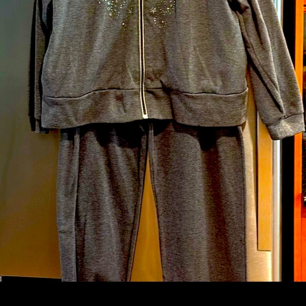 Susan Graver GrayCasual Pants and Sparkly Gray Zip up Jacket set
